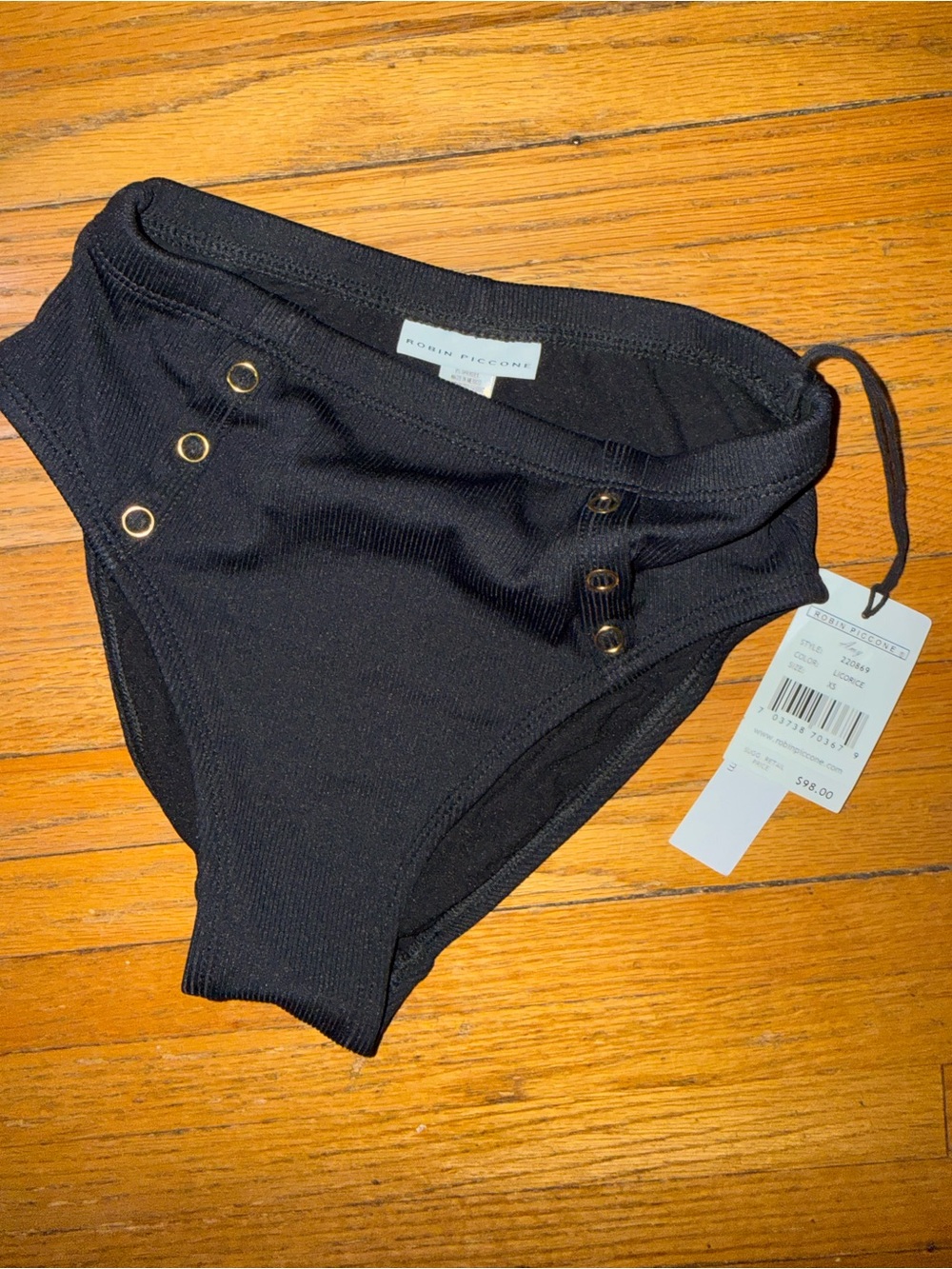 Robin Piccone Black High-Leg Bikini Bottom with Gold Eyelets